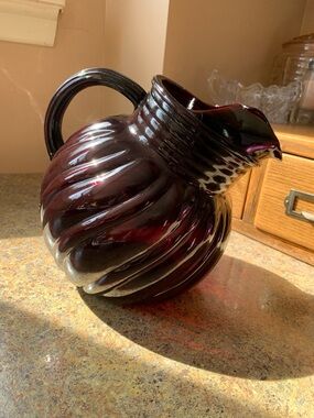 Vintage Deep Ruby Glass Pitcher - Elegant Swirl Serveware